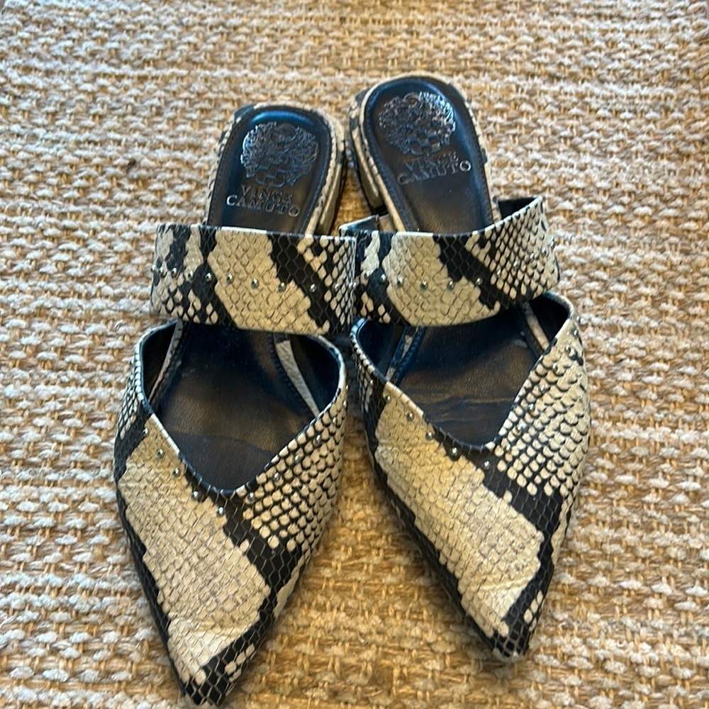 Vince Camuto Black and Cream Snake Print Mules